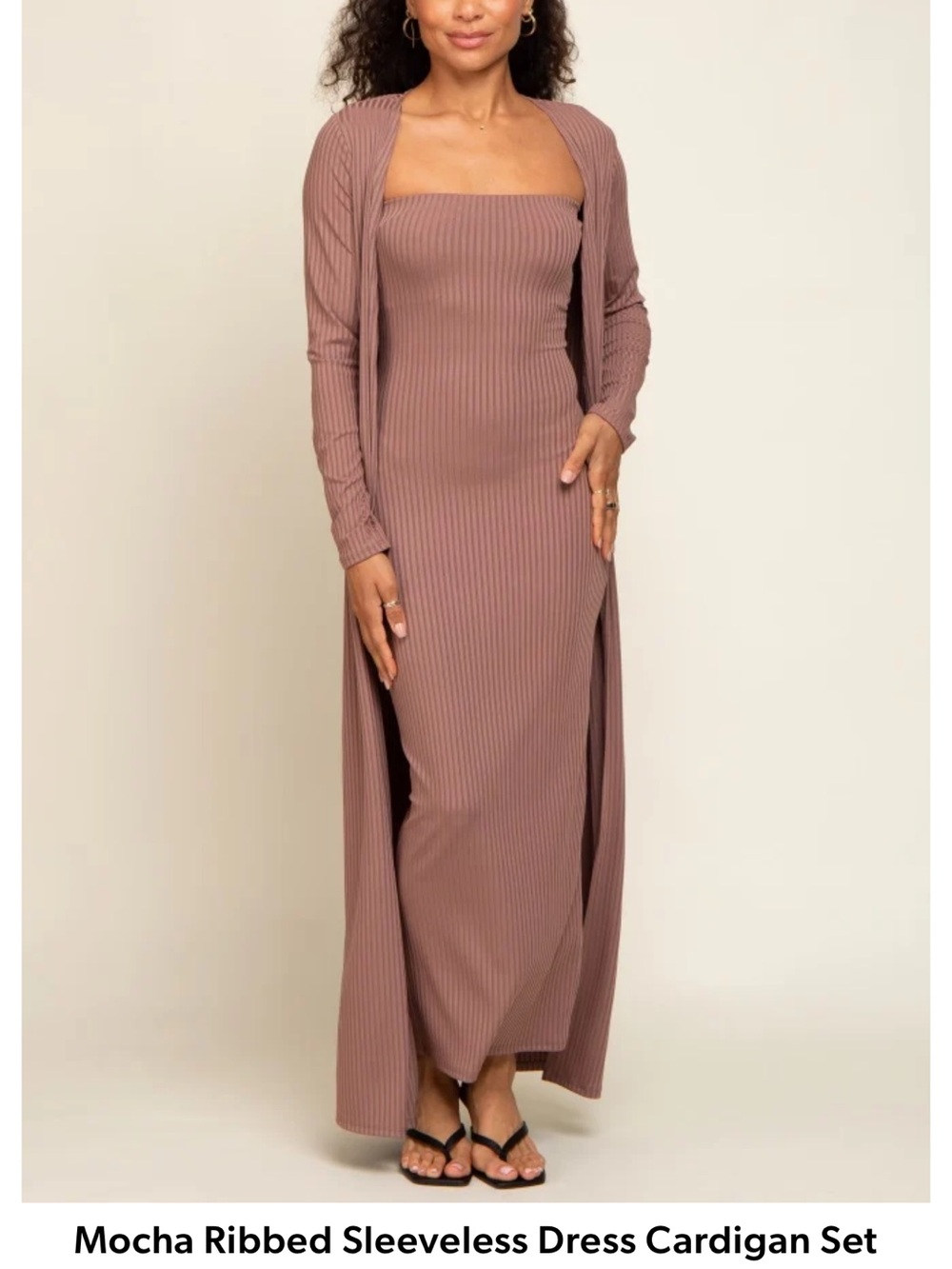 Pinkblush Mocha Ribbed Strapless Maxi Dress with Long Cardigan